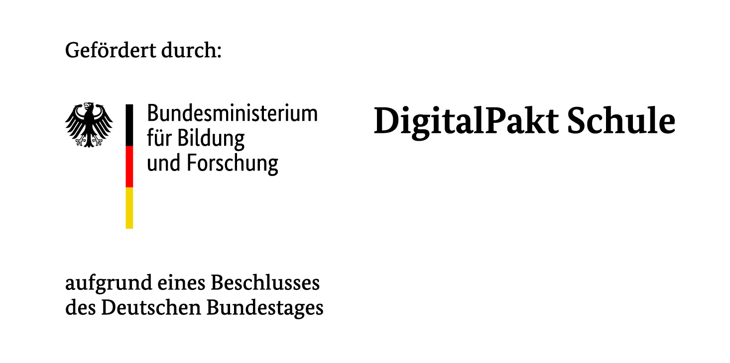 Logo des DigitalPakt Schule. Der Text lautet: 'Gefördert durch das Bundesministerium für Bildung und Forschung aufgrund eines Beschlusses des Deutschen Bundestages.' Darunter ist das offizielle Bundesadler-Logo mit den Deutschlandfarben Schwarz-Rot-Gold abgebildet.